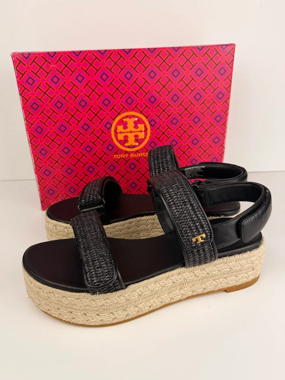 Tory Burch Diego Sport Espadrille Sandals Perfect Black Raffia Platform 8 READ